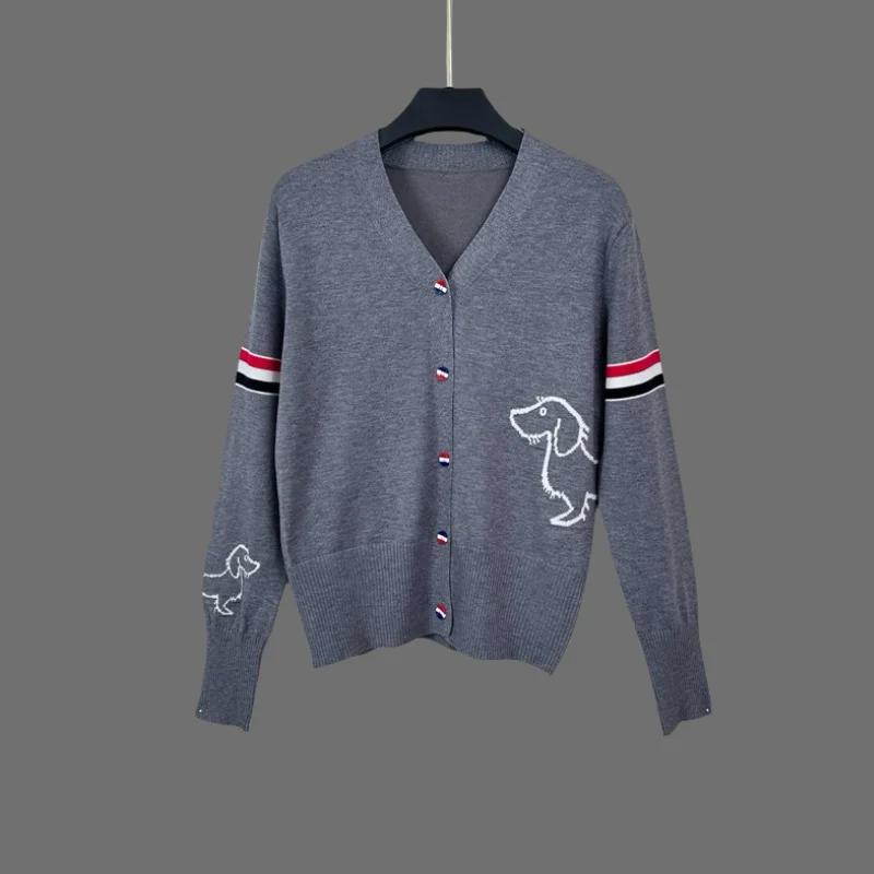 Spring Autumn New Style Dog Embroidery V-Neck Knitted Open Cardigan Women High-End Double Sleeve Three Bars Color Block Sweat...