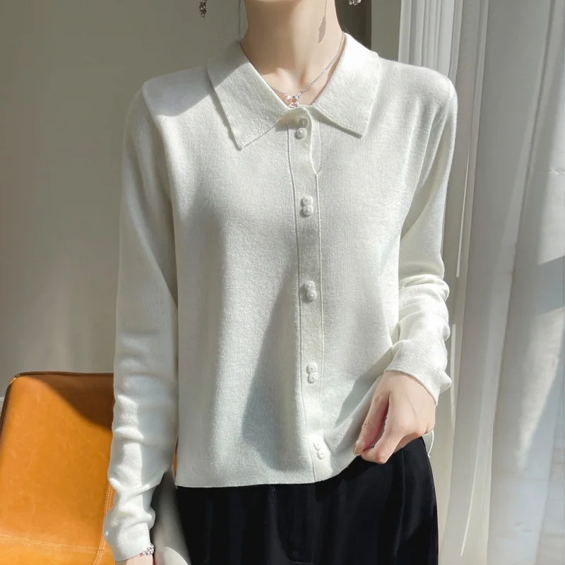 

Spring New Style Knitted Pure Color Polo Neck Sweater Loose Fit Versatile Fake Open Cardigan Long Sleeve Woolen Top Coat