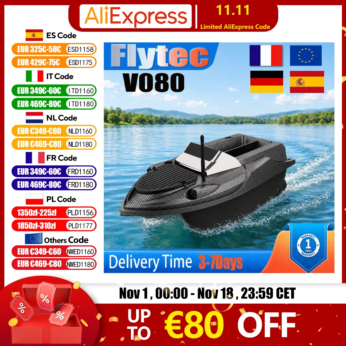 Bateau à appâts de pêche GPS Flytec V080 avec batterie 12V 20000mAh, moteur à balais 550, télécommande 800M, capacité d'appâts 3KG, bateau traîneur RC en ABS et fibre de carbone avec écran 4,3 pouces