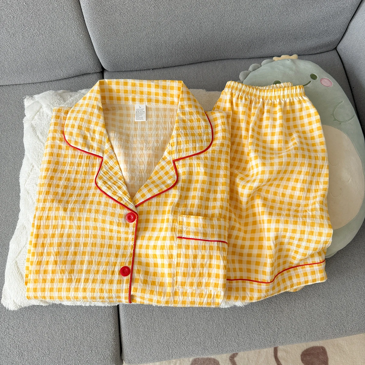 Women's Summer Pajamas, Thin Plaid Pattern Short-Sleeved Shorts, Sweet and Cute, Can Be Worn Outside in Summer, Two-Piece Home Wear Set view 5
