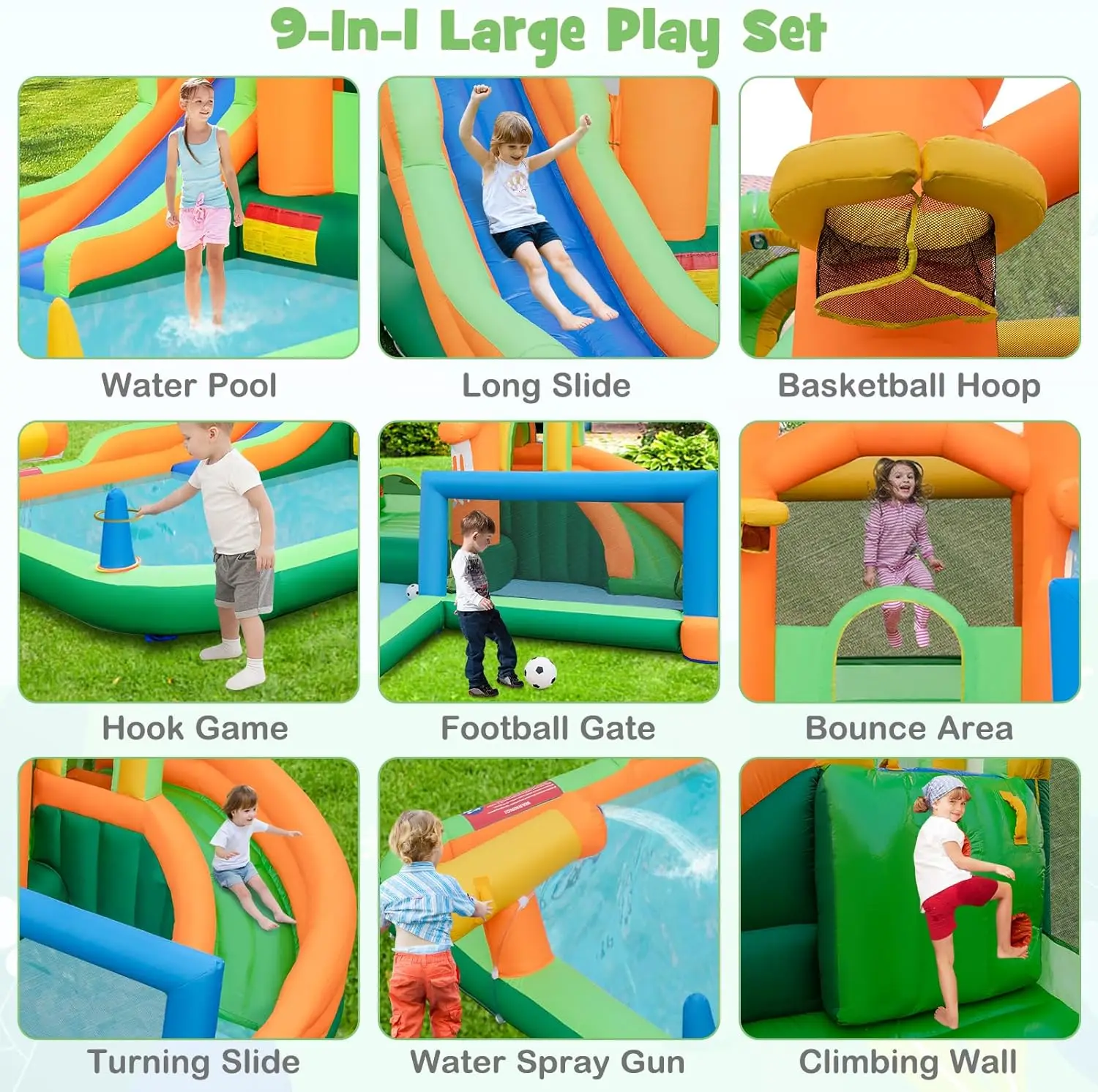 Nadmuchiwana zjeżdżalnia wodna, 9 w 1 zjeżdżalnia wodna Bounce House z podwójnymi zjeżdżalniami, basen plusk, ściana wspinaczkowa, bramka do piłki nożnej, woda Sli