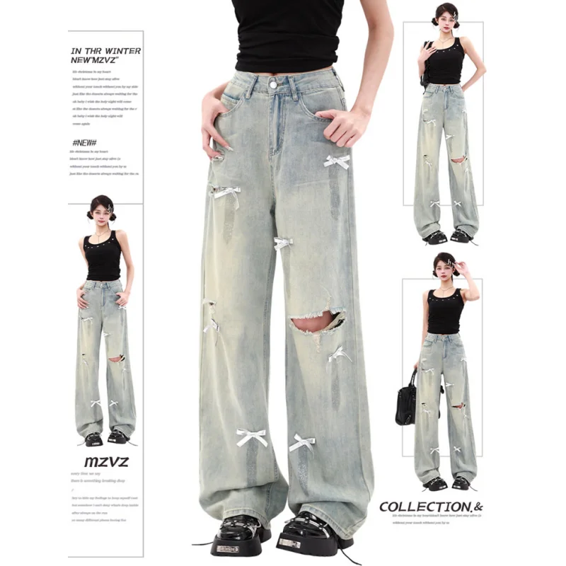 

Blue Bow Knot Womens Jeans High Waist Straight Baggy Denim Pants Europe and America Fashion Y2K Female Wide Leg Denim Trouser