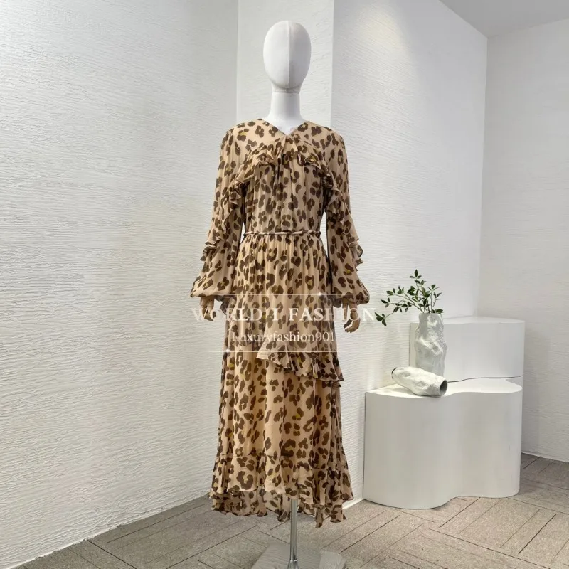 

Brown Leopard Print Ruffles Long Sleeve Blouse Tops and Midi Skirt Sets 2025 Silk