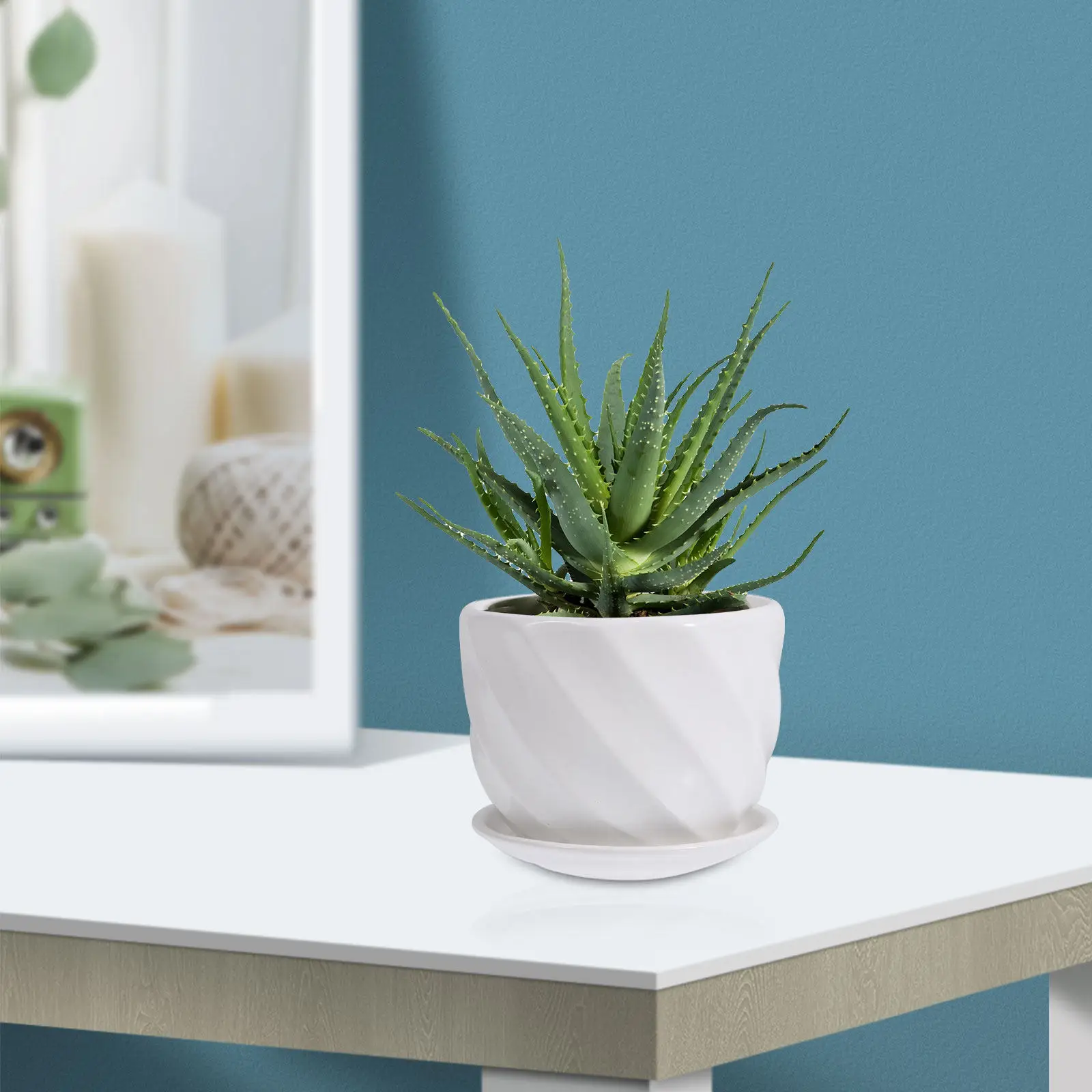 Ceramic Indoor Planter Set with Tray – Halloween Christmas New Year Decorative Flower Pot for Home Garden