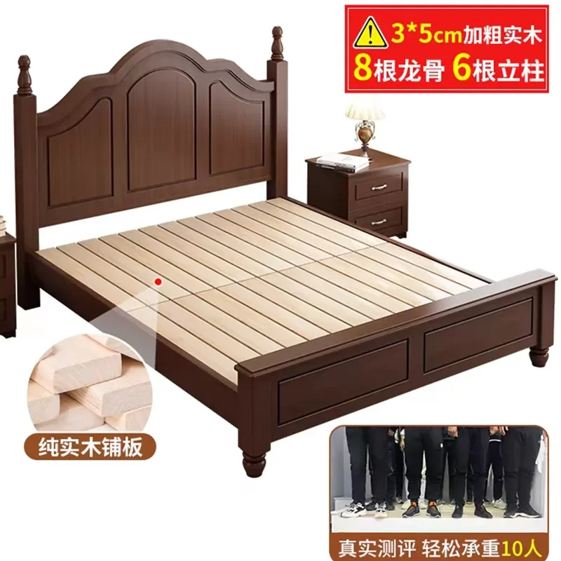 Medieval Light Luxury Solid Wood Bed Retro 1.8m Double Modern Simple Bedroom American Style 1.5m Single Bed Frame Furniture