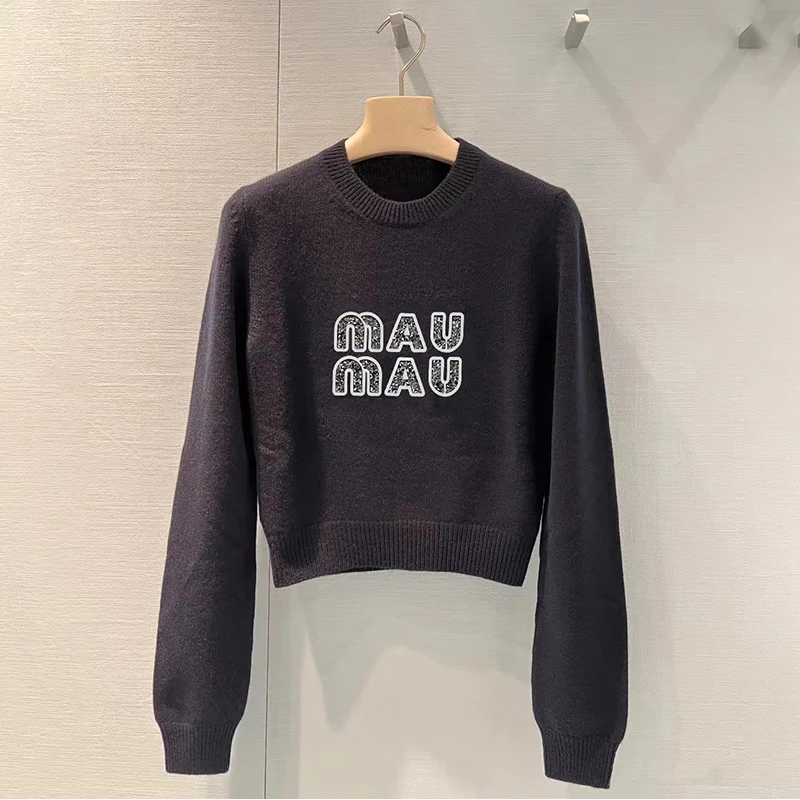 

High-End Knitted Sweater Letter Embroidery round Ne Girls College Sle Korean Loose Fit Long Sve ort Length Top