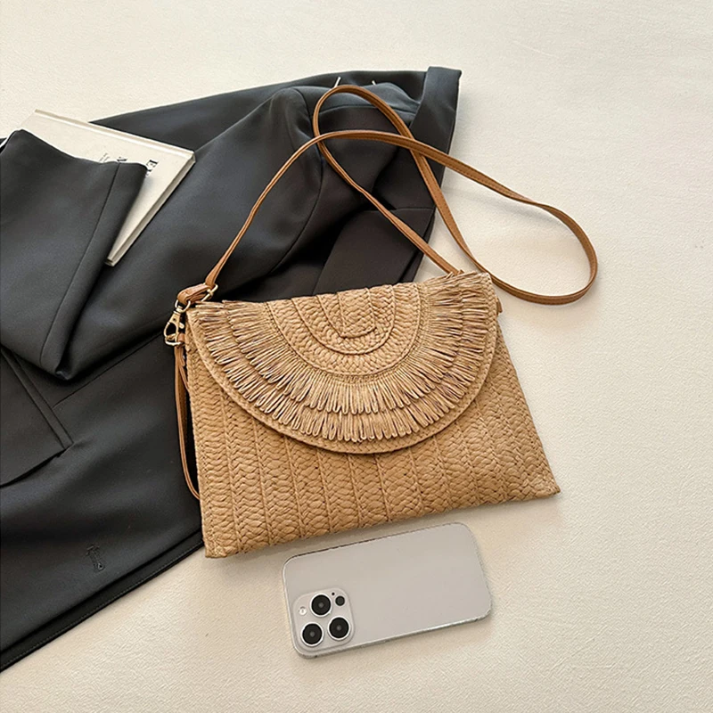 Straw Handmade Weave Clutch Bag Solid Color Pouch Purse Female Summer Flap Bohe Beach Wallets Crossbody Bag image 6