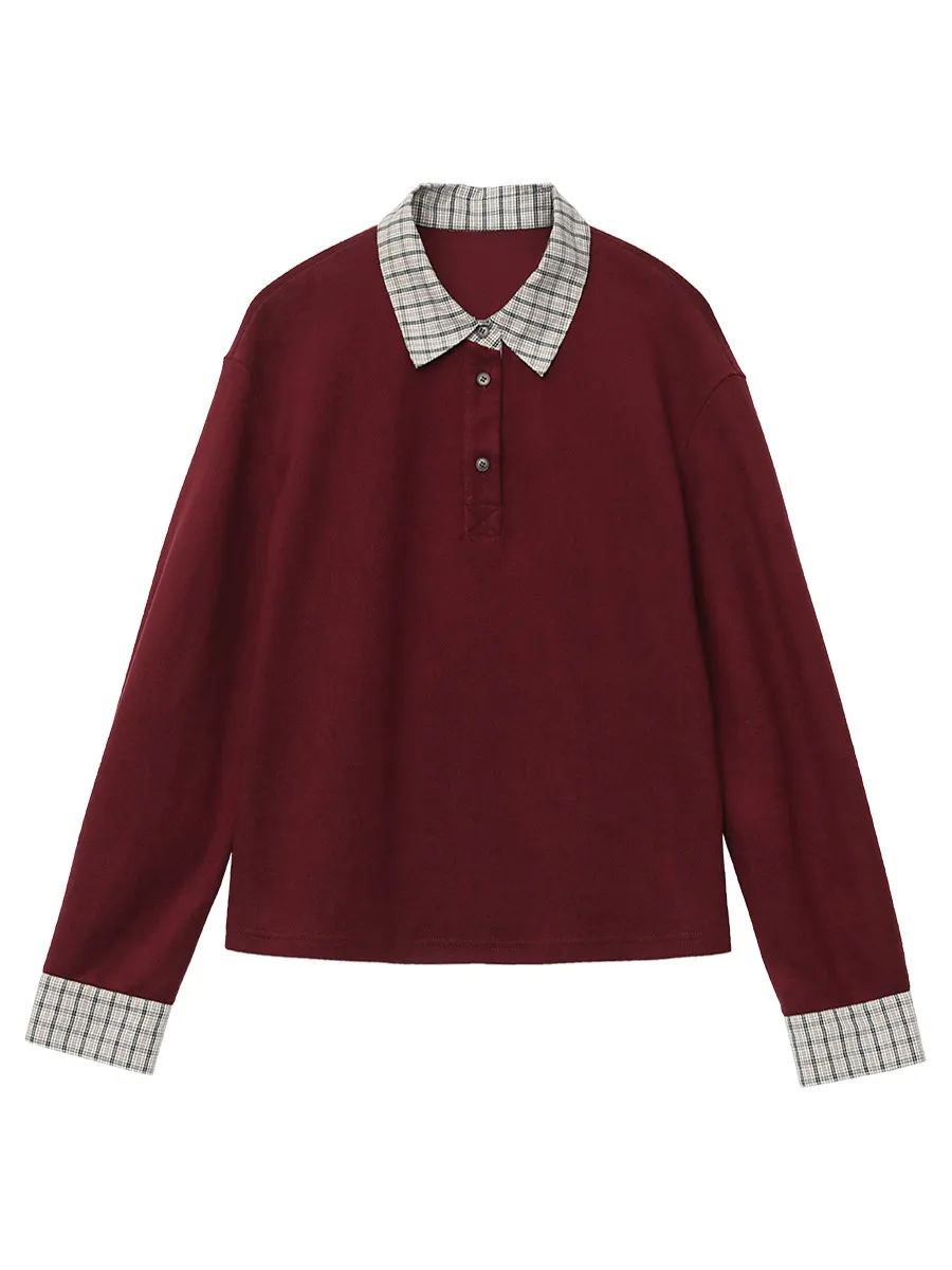 Women's Color Block Plaid Long Sleeve Tee, Red
