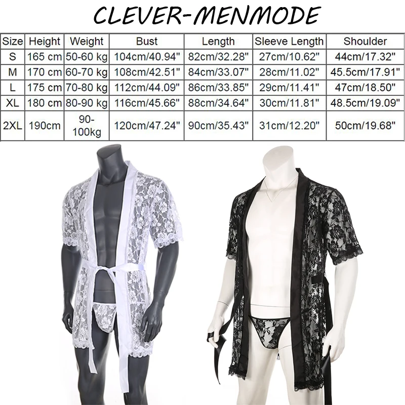 Men\'s Sexy Short Ssee-Through Porno Lace Bathrobe Transparent Sex Erotic BDSM Pajamas Thong Hot Suit Home Wear Clothing