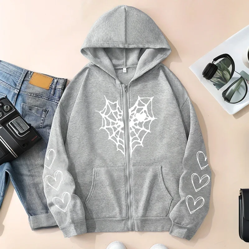 Damska bluza z kapturem na zamek, z nadrukiem serca z pajęczyny, miejska, codzienna moda, płaszcz z kapturem, jesień-zima 2025, urocza, luźna kurtka.