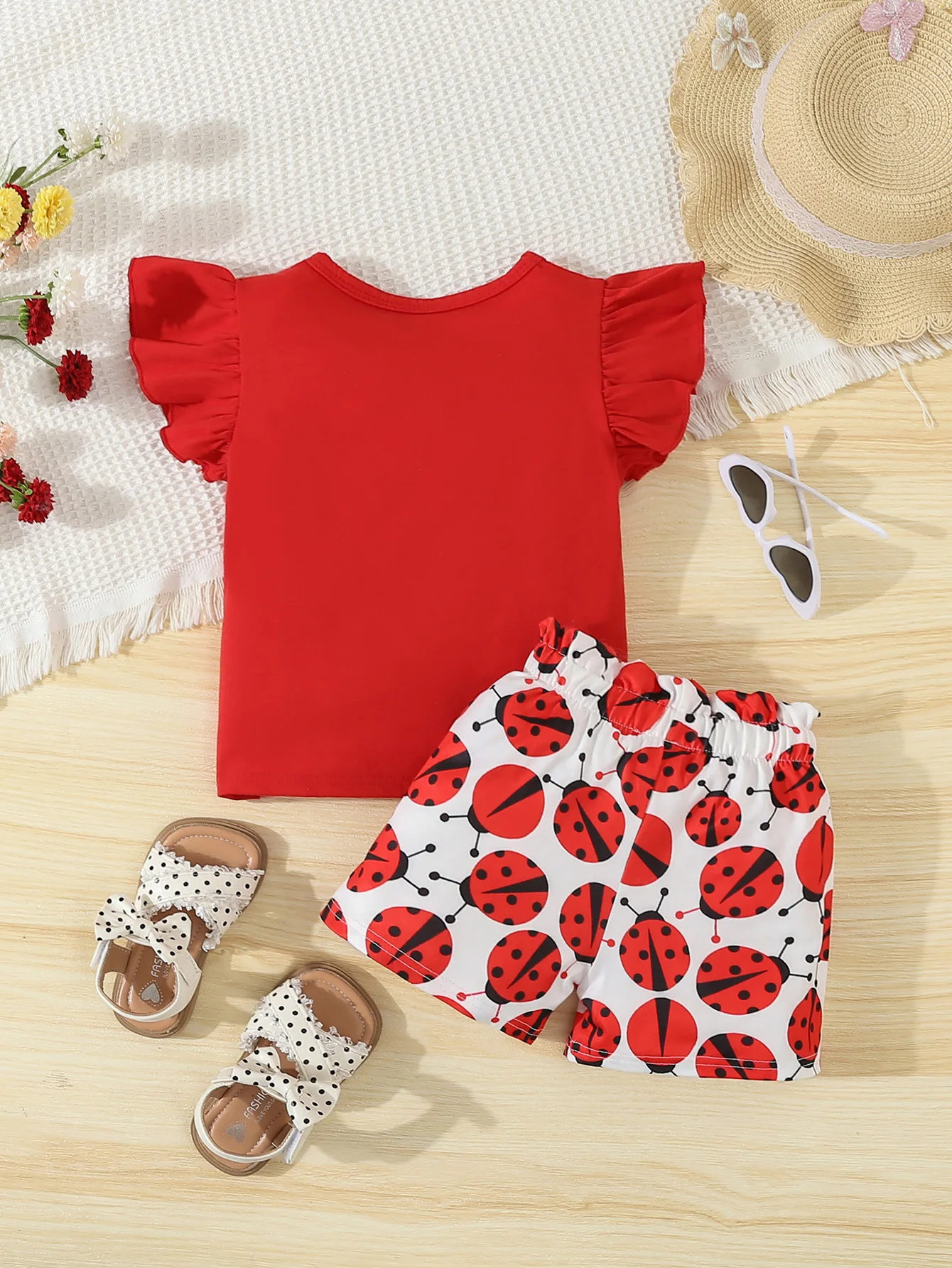 Adorable traje de mariquita de verano, conjunto de 2 uds para niñas, camiseta sin mangas + pantalones cortos informales, ropa bonita para bebés recién nacidos