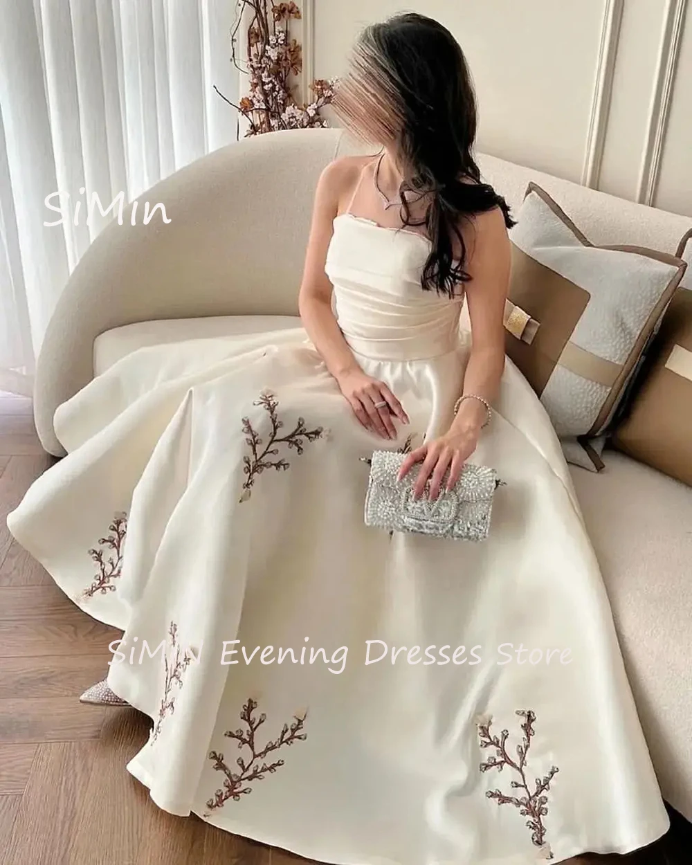 Simin Saudi Strapless Satin A-line Ruffle Sleeveless Embroidery Lace up Ankle-Length Arab Evening Party dresses for women 2024