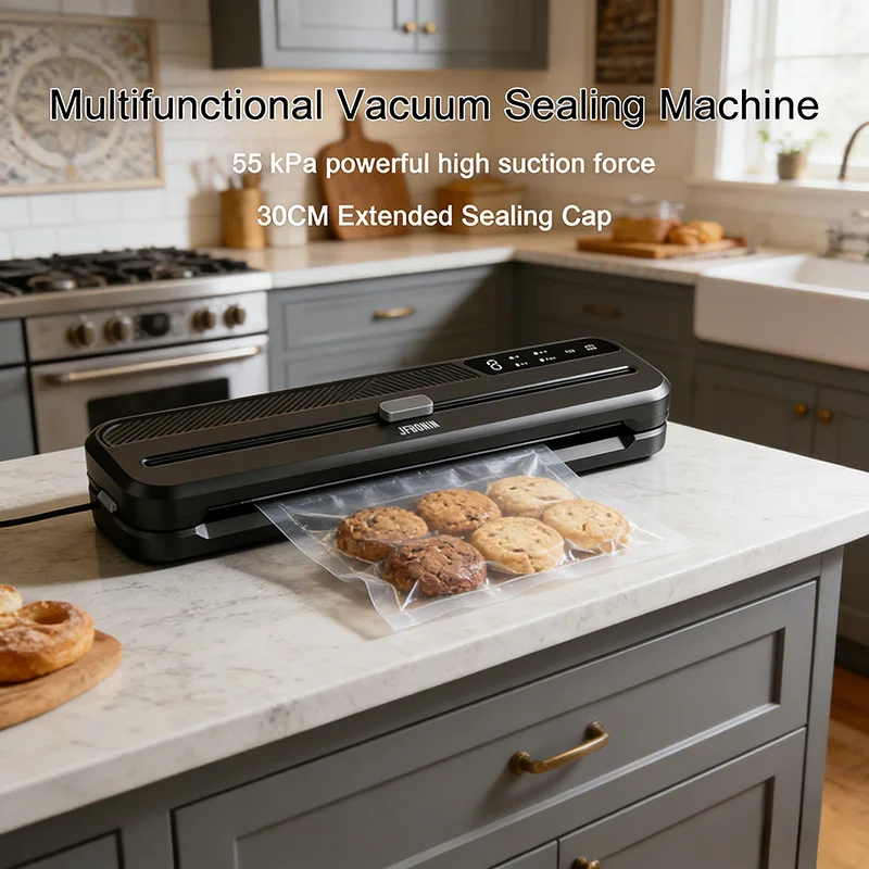 

Мощный вакуумный упаковщик для продуктов, сила всасывания 55 кПа, режимы для сухих и влажных продуктов, внешняя вакуумная система с 10 вакуумными пакетами