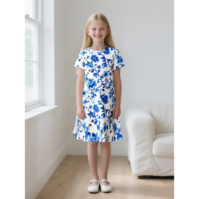 

Girls Blue And White Porcelain Short Sleeve Dress 2026 Fashion Printed Skirt