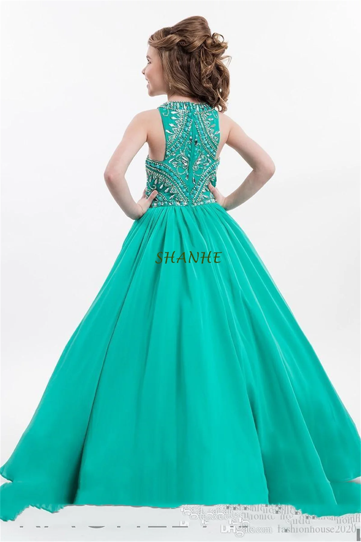 New 2021 Girls Pageant Dresses Princess Hunter Teal Fuchsia Chiffon Crystal Beaded Kids Flower Girls Dress Ball Gown Cheap Birth