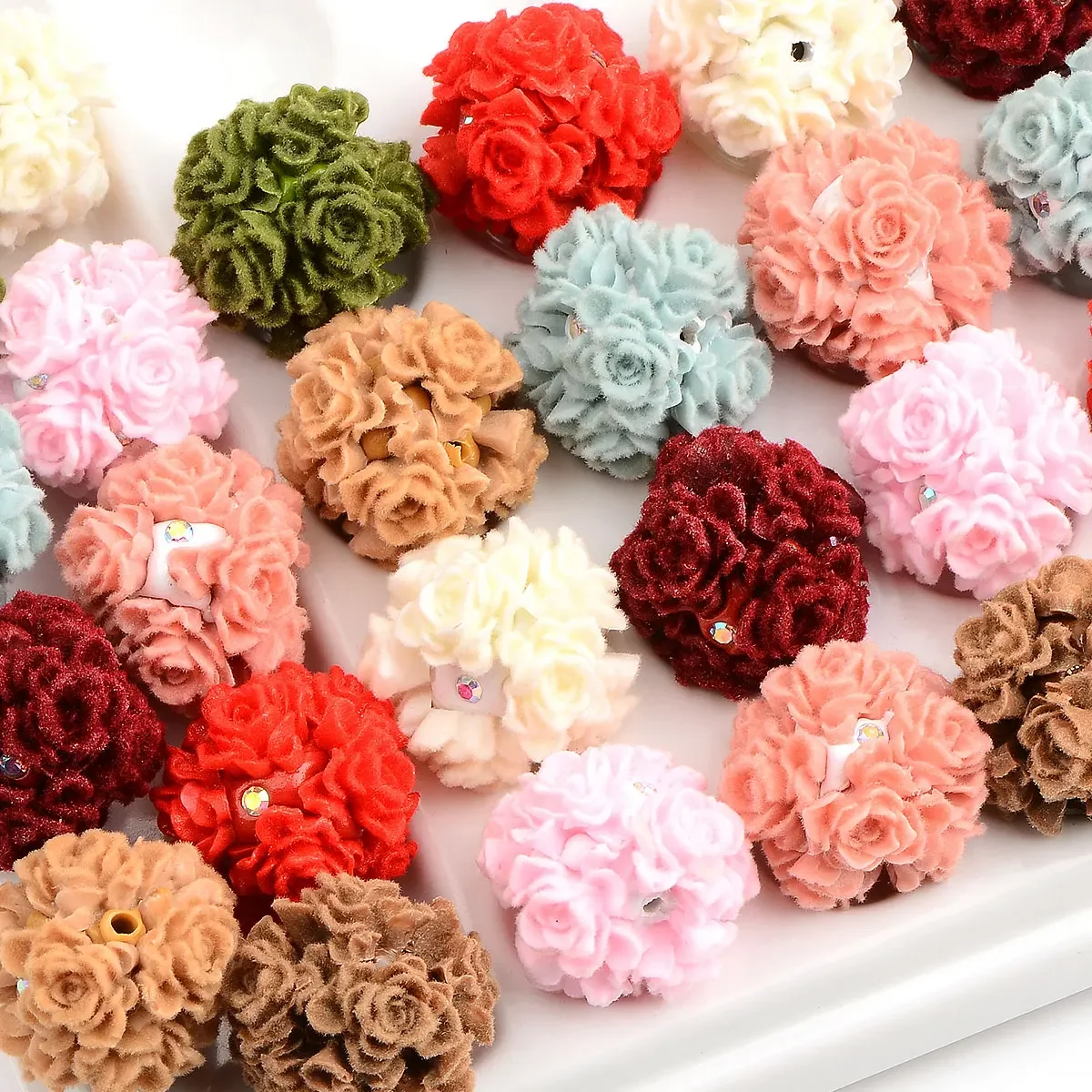 3pcs 2.6cm Random Color Mix Round Shape Flocking Flower Ball Beads Acrylic Beads For Jewelry Making Bracelet Accessories