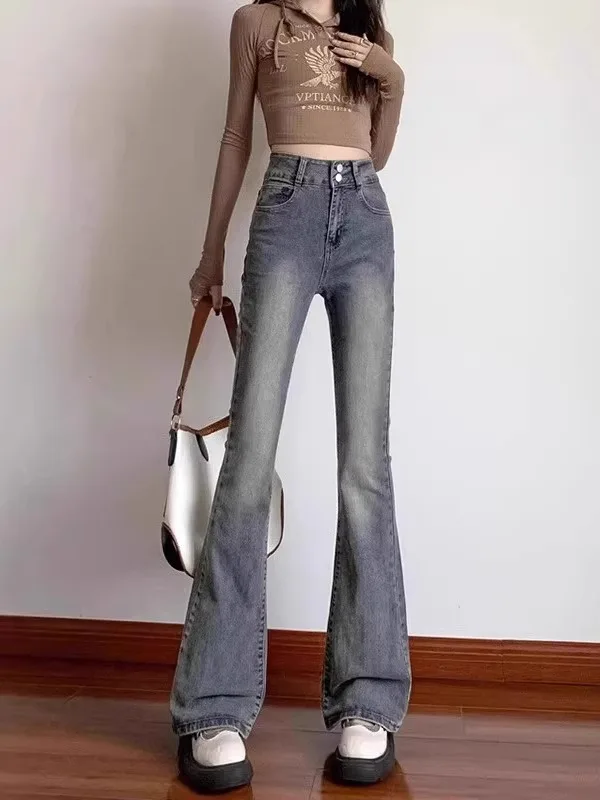 

Широкие джинсы-колокольчики с высокой талией, женские ранняя зима, новинка 2025, эластичные утягивающие джинсовые брюки с микро-расклешенными брюками