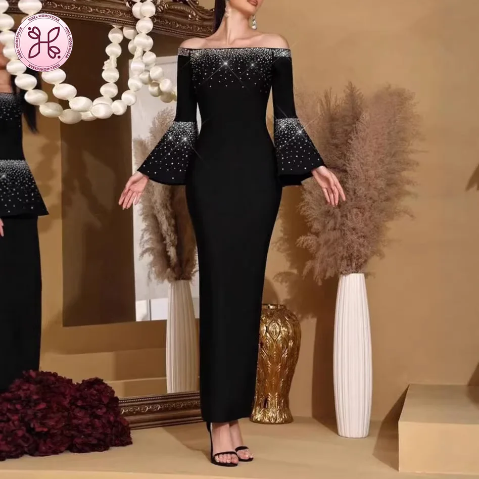 

Элегантное вечернее платье с бандажным эффектом и стразами, с открытыми плечами и расклешенными рукавами, для женщин