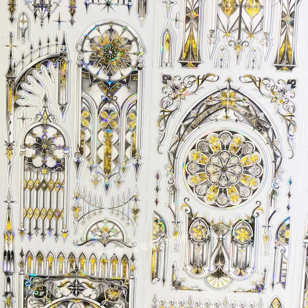 Dark Gold Ancient Mansion PET Tape Sample, Cut-out Gilded European Building DIY Stickers for Journaling Scrapbooking Shaker