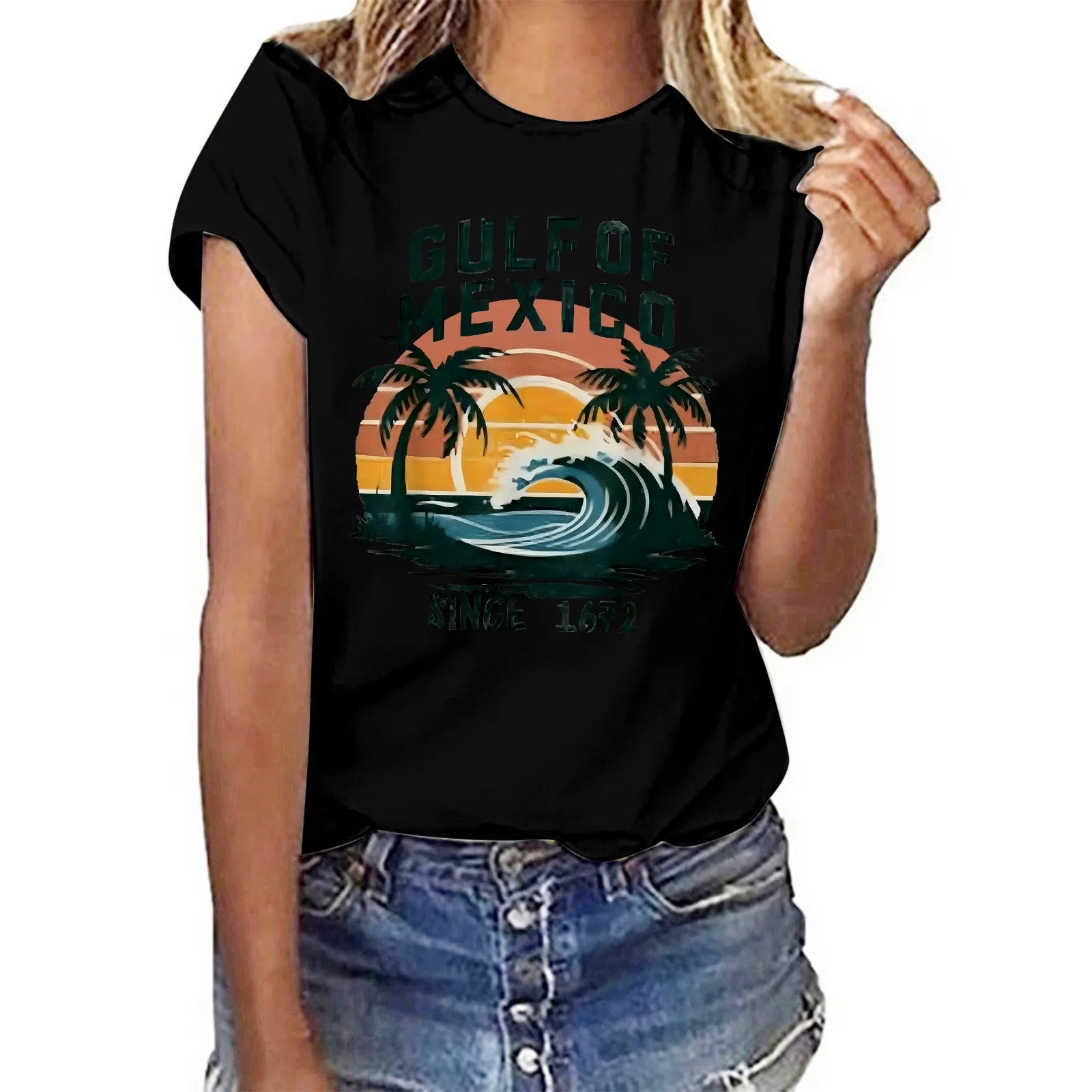 Gulf of Mexico Since 1672 T Shirt for Women Women's Letter Print Crew Neck Short Sleeve T Shirt Tee Shirt Tops Female Clothes