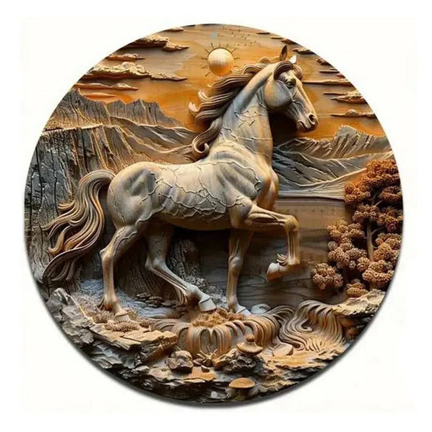 Retro Round Metal Tin Signs 2D Flat Horses Decor Pattern Nostalgic Iron Painting Novelty For Cafe Bar Man Cave Wall Decor