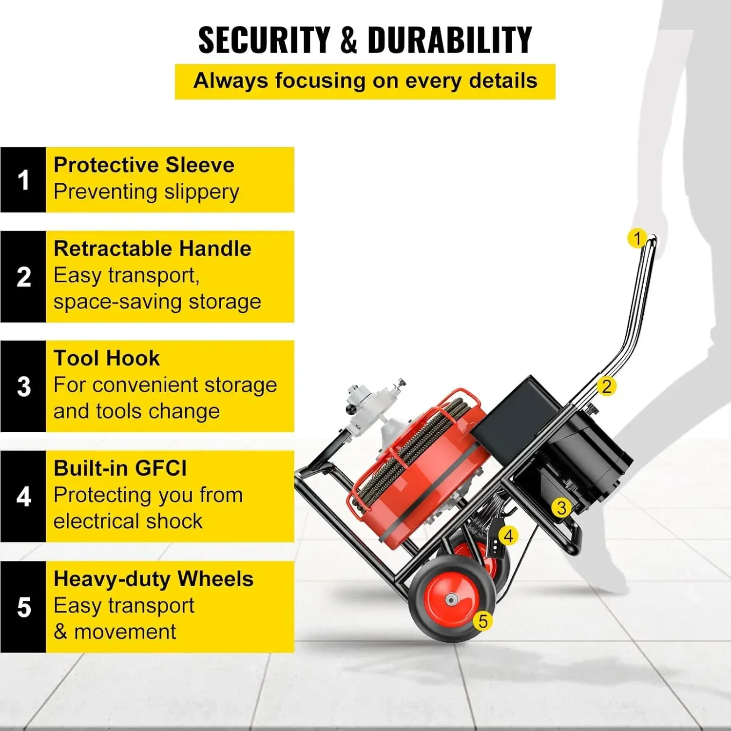 Máquina de limpeza de drenagem, esgoto cobra Auger Cleaner com 4 cortadores, interruptor de pé ativado por ar, 100FT x 1/2 Polegada, 550W