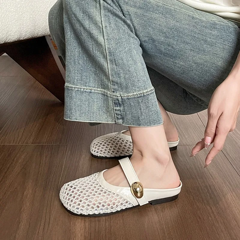 

DIMANYU Women Slippers 2025 New Hollow Breathable Closed Toe Half Slippers Women Summer One Toot Pedal Woven Mesh Slippers Women