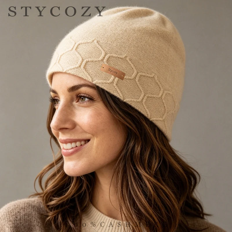 100%Cashmere Slouchy Hat Women Men Geometric Jacquard Knitted Beanie Soft Luxury Solid Color Winter Skull Cap for Office Commute