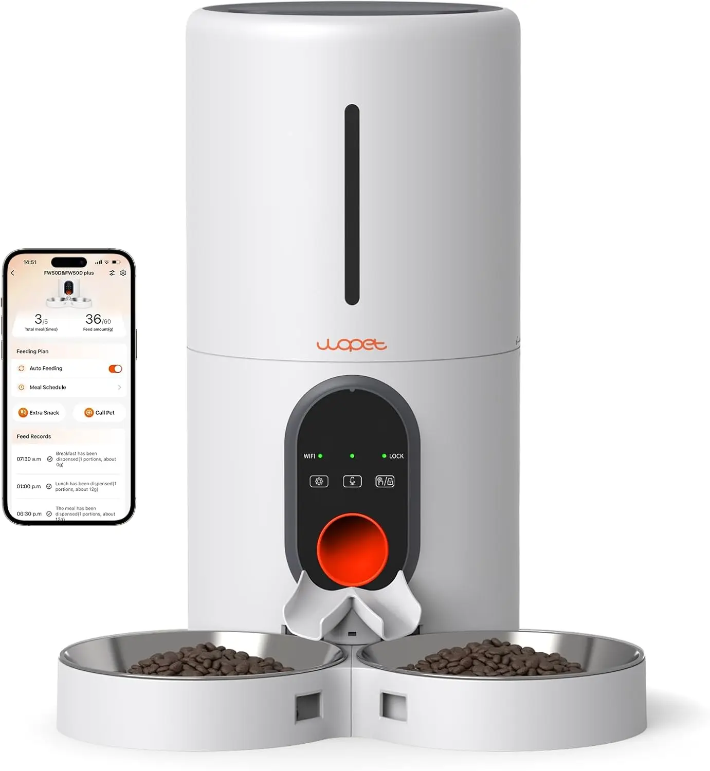 

Smart WiFi Pet Feeder for Two Pets, 6L Automatic Food Dispenser with Remote Control & Voice Message