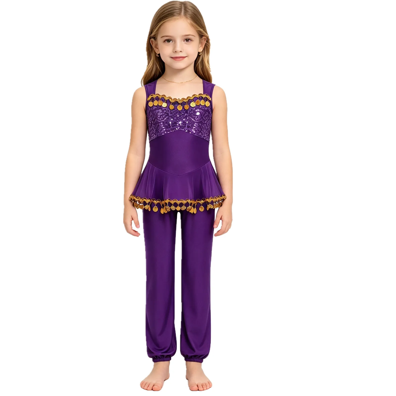 Girls Halloween Carnival Theme Party Arabian Princess Dress Up Costume Sleeveless Shiny Sequin Tassel Mesh Belly Dance Jumpsuit