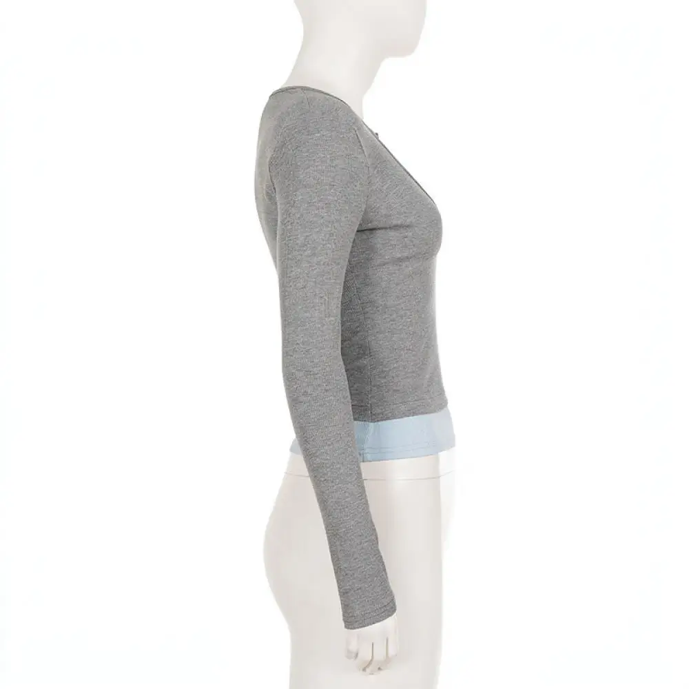 Trendy Long Sleeve Knitted T Shirt Women Slim Fit V Neck Button Decoration Patchwork Style Casual Fashion Daily Top