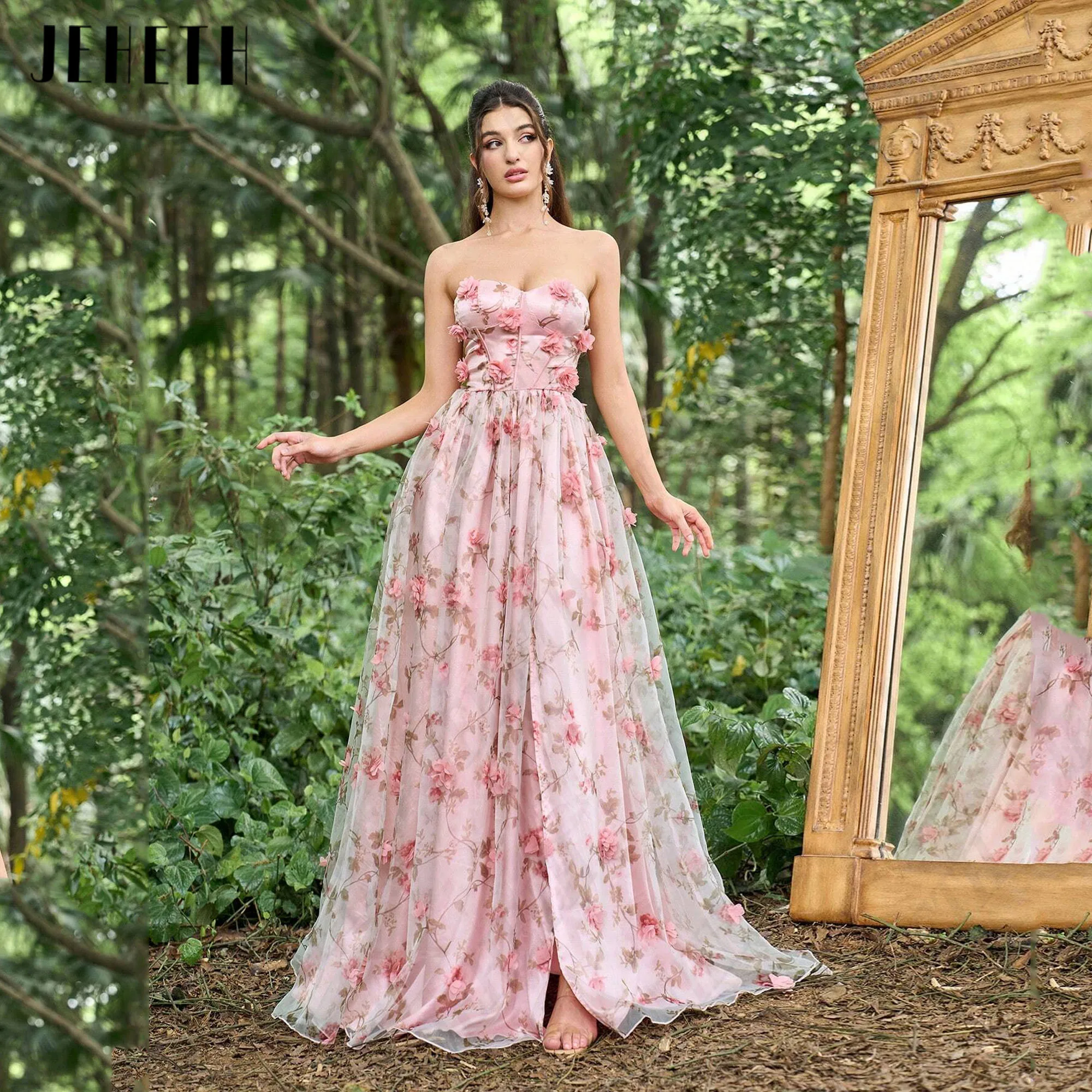 JEHETH Flowers Long Prom Party Dress Side Split Lace Evening Gowns Strapless Floral Print A-Line Floor Length vestidos de gala
