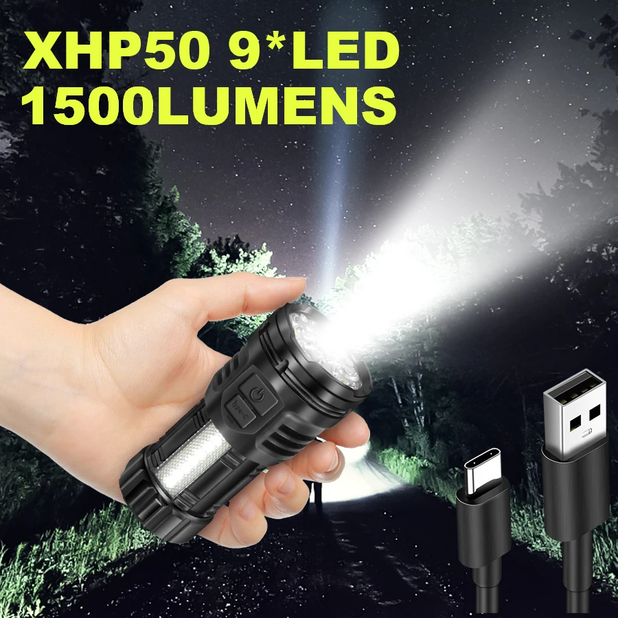 9LED Super Bright COB Flashlights Rechargeable Camping Spotlight with Side Light 3 Lighting Modes for Camping Adventure Outdoor