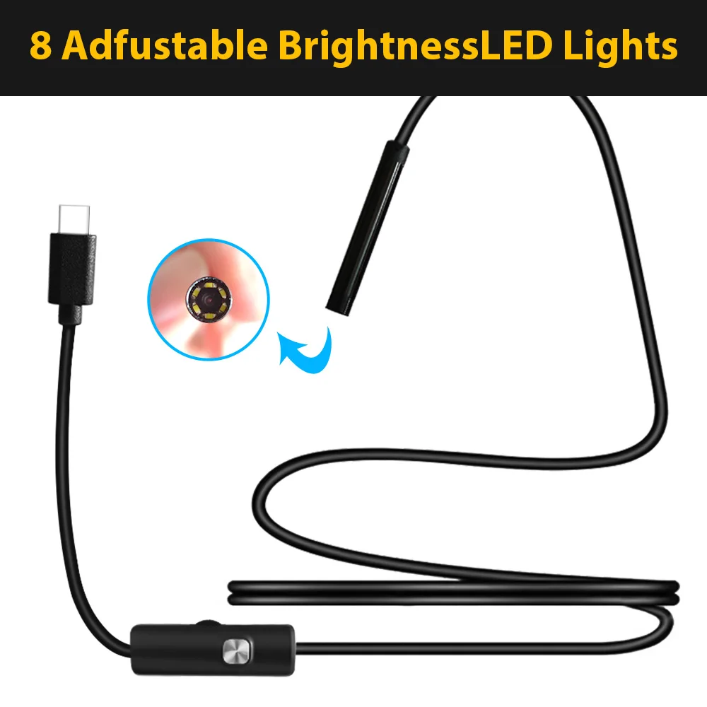 Borescope Camera 7 mm lens hard cable 3 In 1 micro usb type-c endoscope 6 LED waterproof inspection
