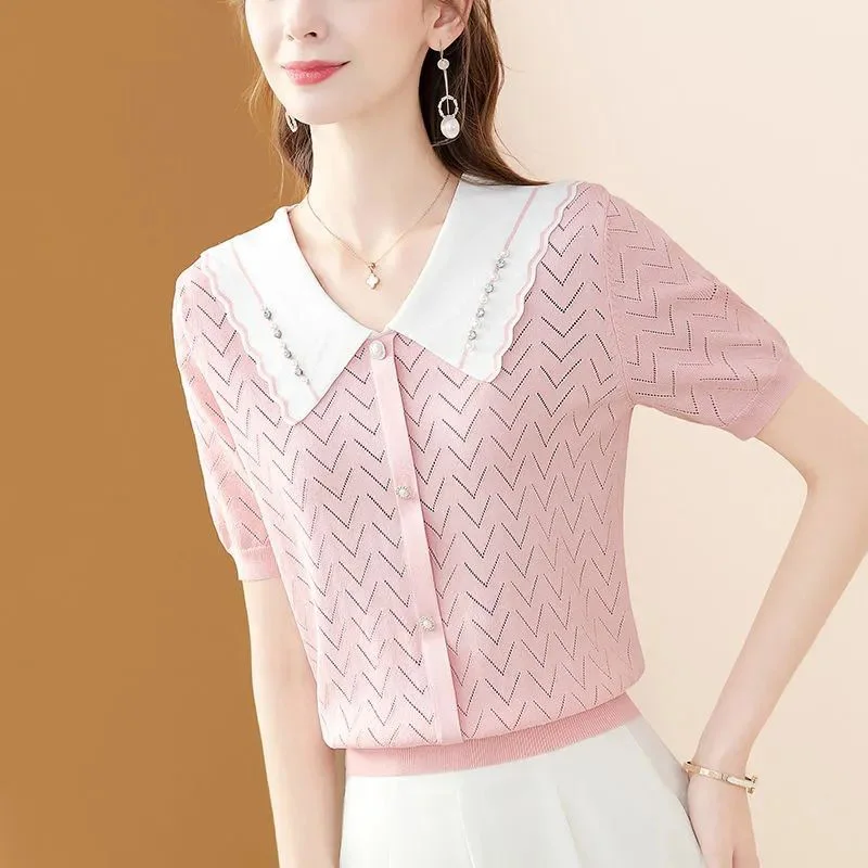 Fashion Loose Button Knitted Spliced Ruffles Beading Shirt Female Clothing 2024 Summer New Casual Tops All-match Commute Blouse