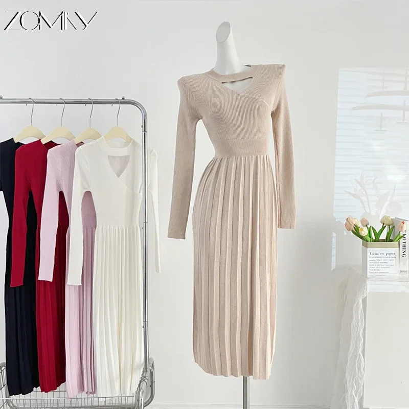 ZOMRY Korean Retro Y2K Slim Knitted Long Dress Autumn New Fashion Women\'s Elegant Versatile Solid Color Casual Pleated Vestidos