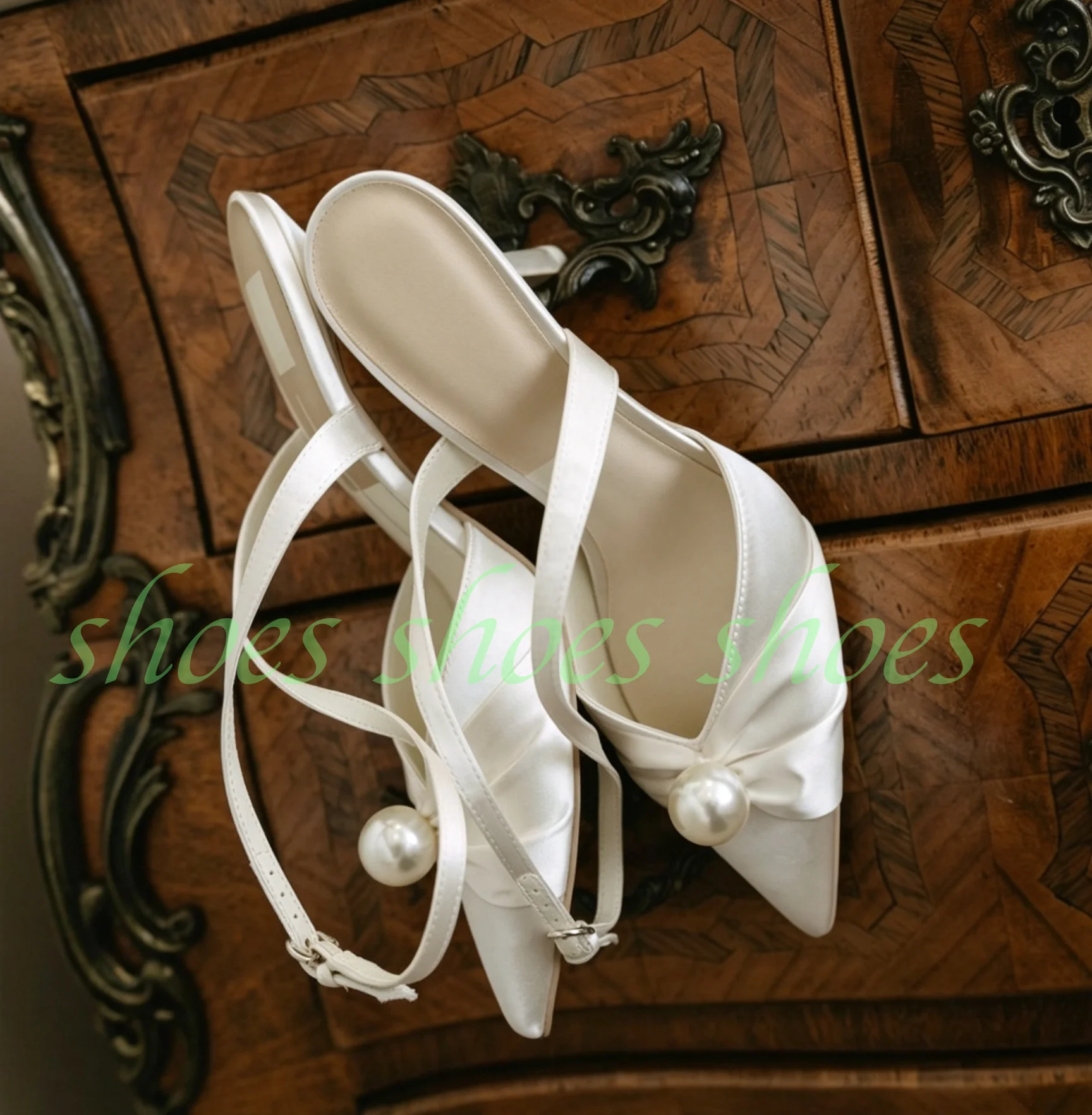 Women Ivory White Satin Pointed Toe Twisted Knot Pearl Strap Slingback Stiletto High Heel Pumps Elegant Bridal Wedding Formal 46