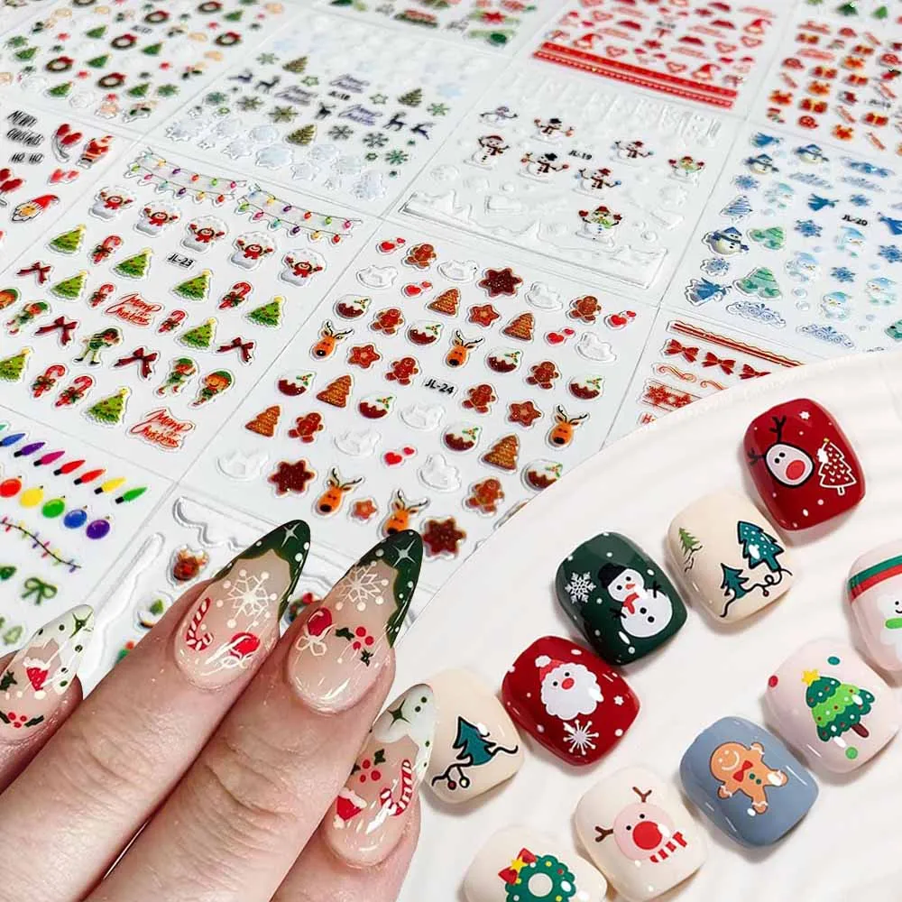 30 Uds. De pegatinas para uñas de alce, pino de Navidad, muñeco de nieve, purpurina brillante, Papá Noel, bastón de caramelo, calcomanías para uñas, diapositivas para manicura de invierno de dibujos animados