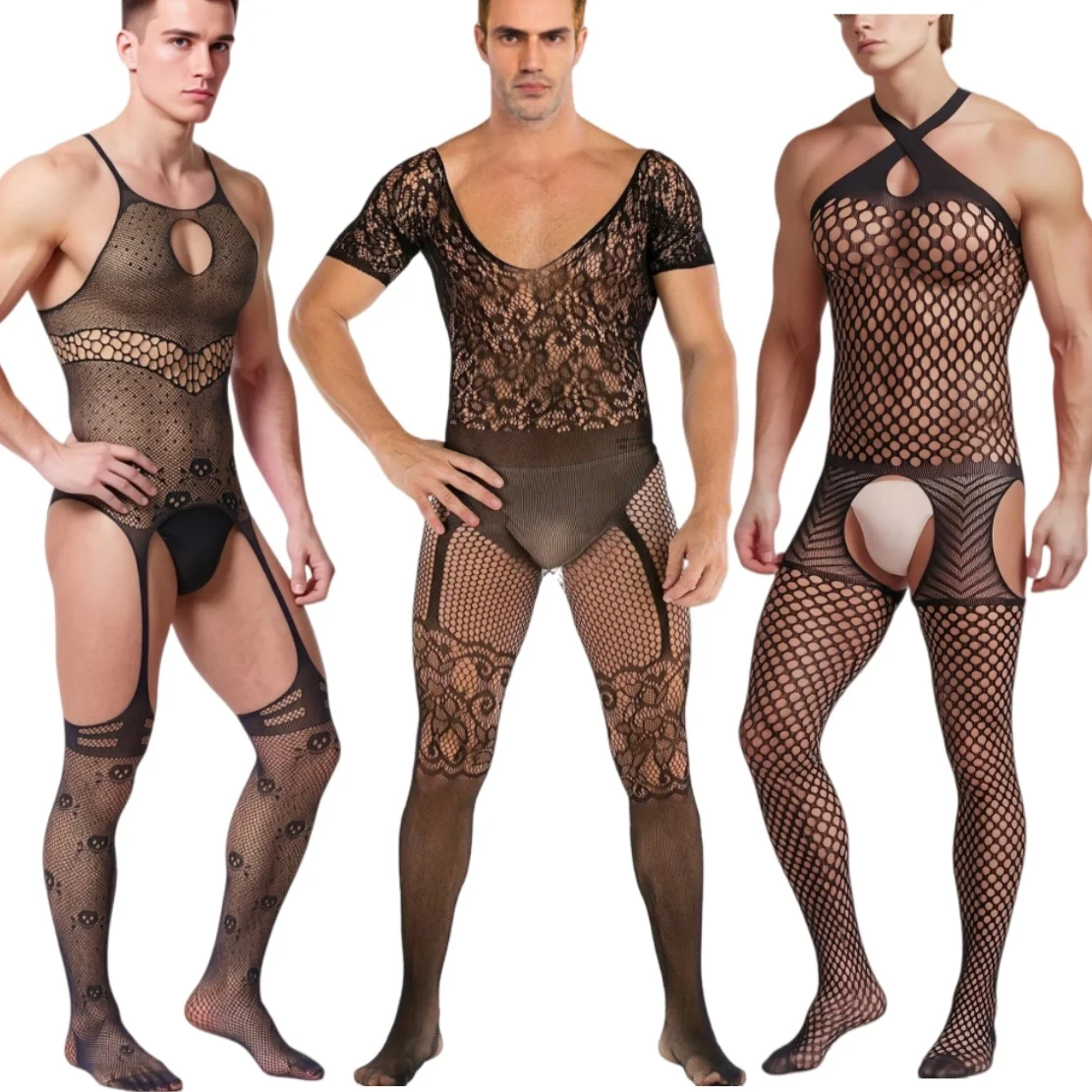 Sexy Black Skull Hollow Fishnet Knit Tight Lingerie Nightgown, Fit XS/S/M Sizes