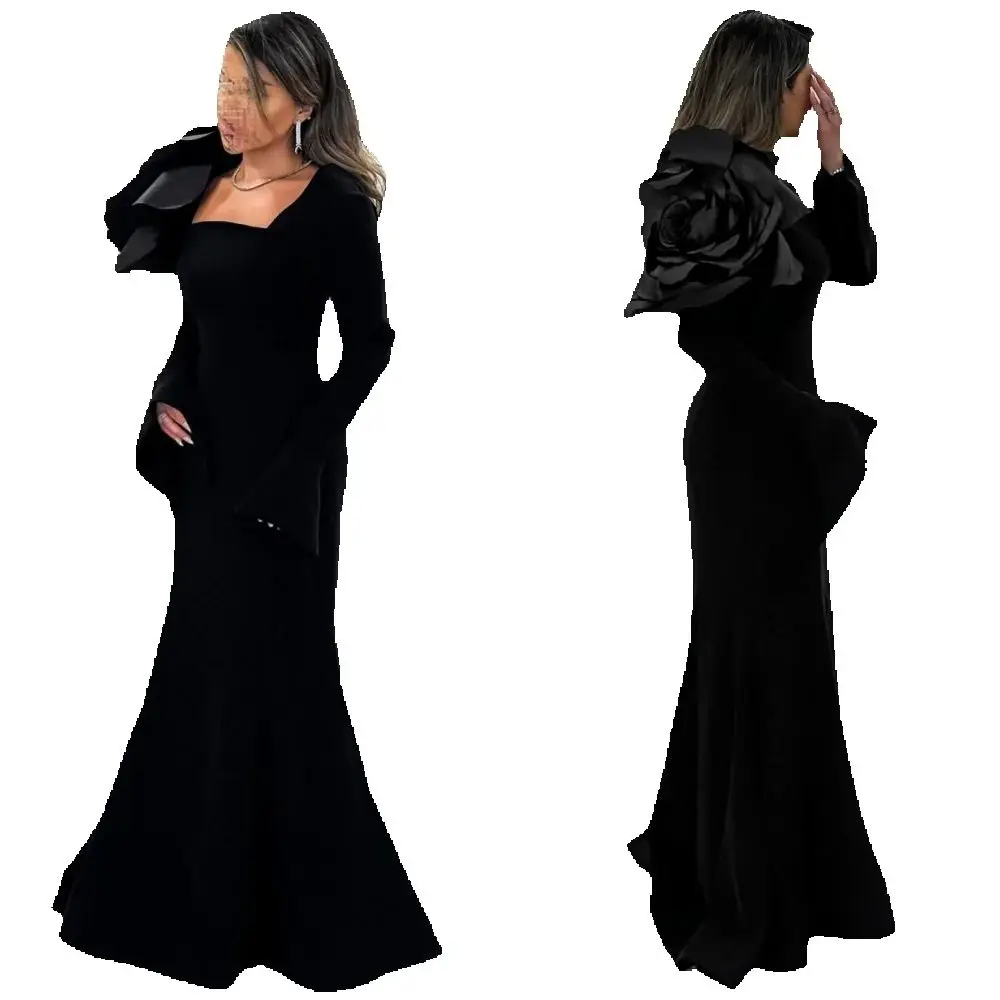 Customized High Quality Jersey Flower Pleat Trumpet Square Neck Long Dresses Bespoke Occasion Intricate