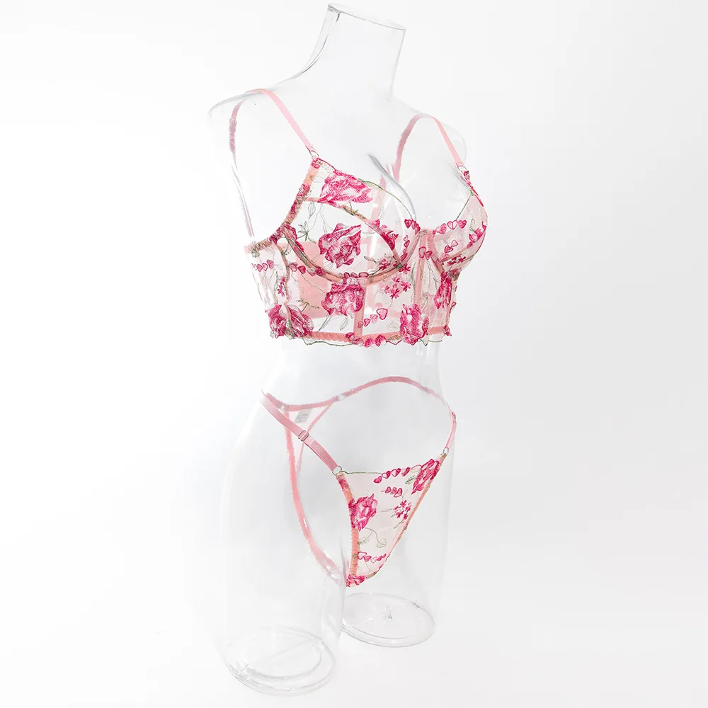 

Pink Thin Floral Embroidery See Through Bra with Underwire High Waist Panties Set Women Sexy Lingerie Underwear Erotic Set