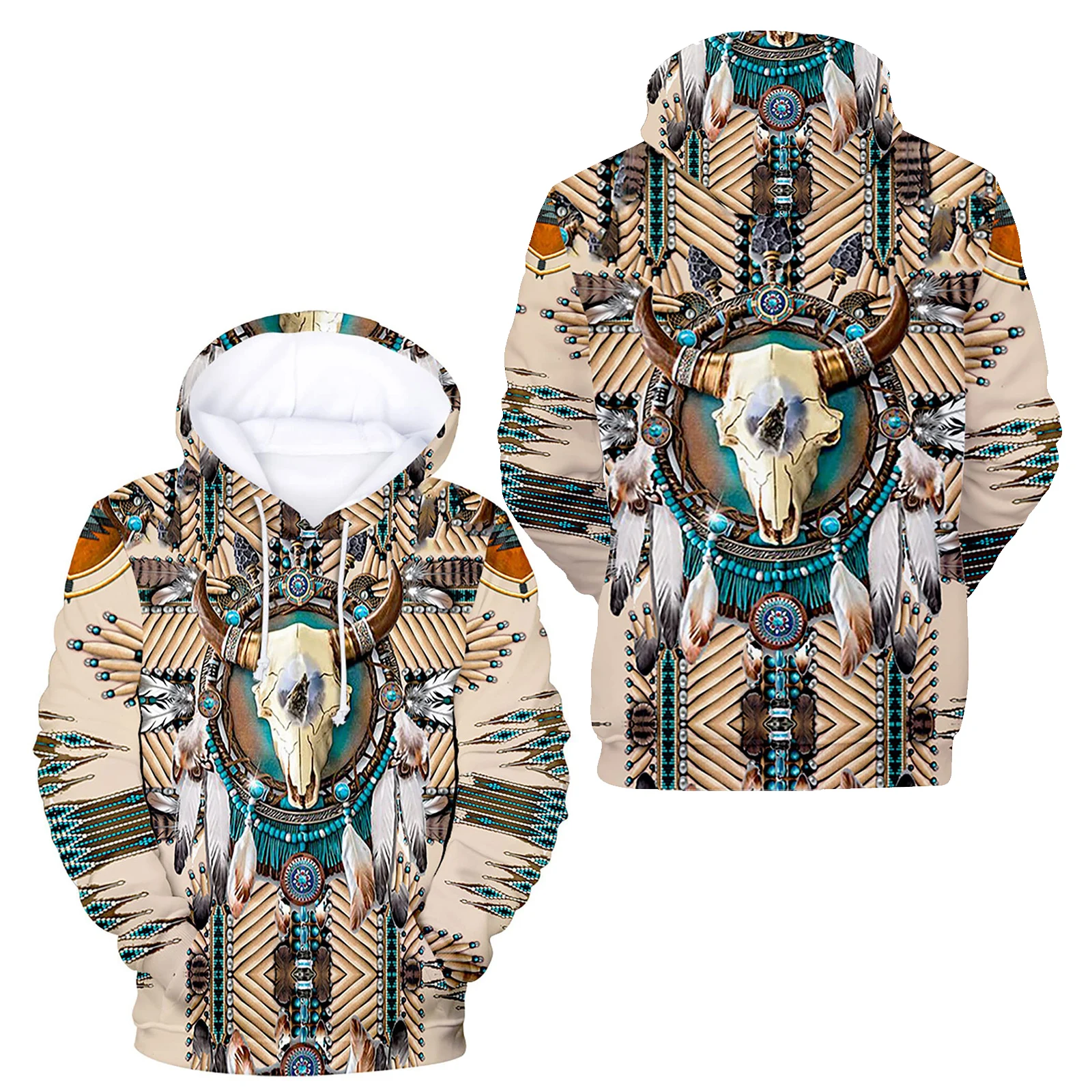 HX Fashion Mens Hoodies Retro Tribal Feather Tassel Design 3D Printed Casual Hooded Sweater Pullover Tops S-7XL Dropshipping