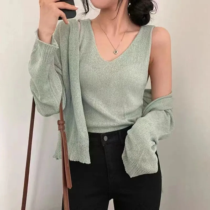 Chic Thin Knitted Cardigan Women's Summer New Long Sve Sun Protection White Top Strap Outerwear Two-Piece Set Sweet Sle ...