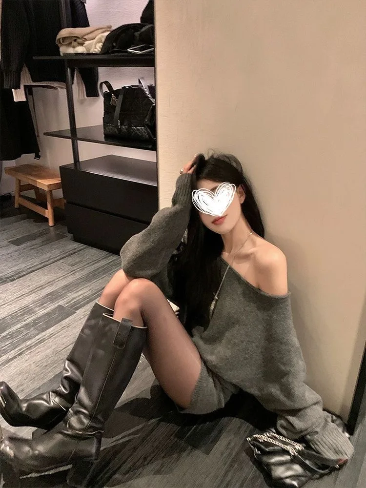 

KING BRAND Lazy Sle Casual Set Women's Spicy Girl One-oulder ey Knitted Sweater orts Faionable Spring Outfit