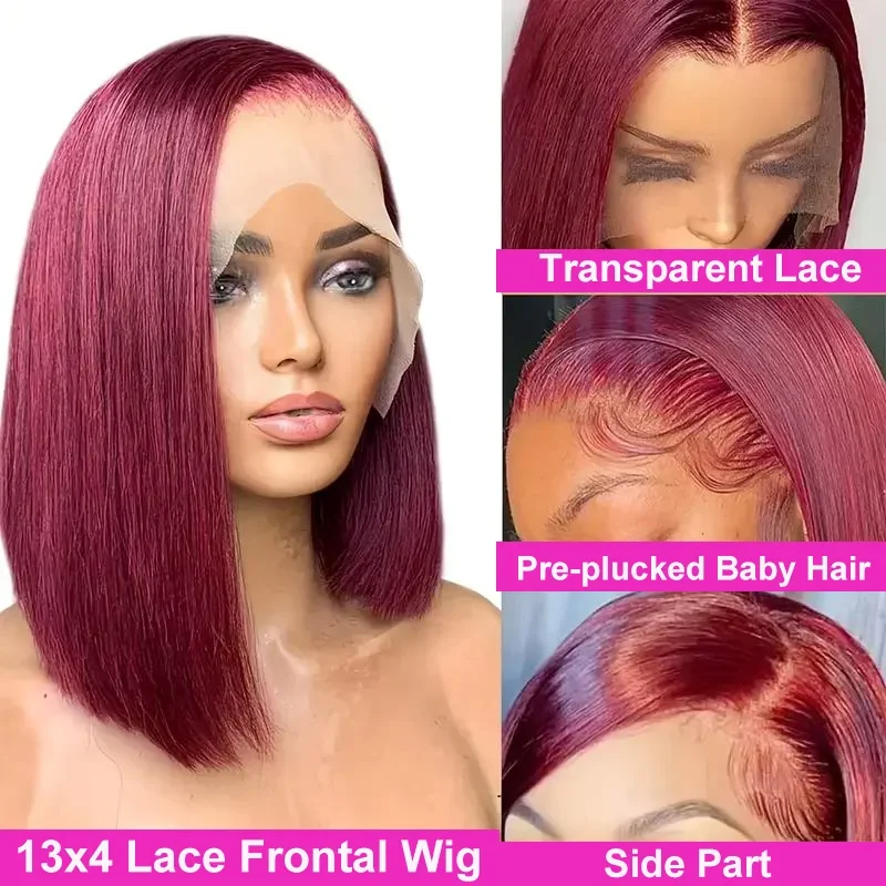 Perruque Bob Lace Front Wig naturelle bordeaux, cheveux humains, naissance des cheveux naturelle, bordeaux 99J, 13x4, pre-plucked, vin rouge