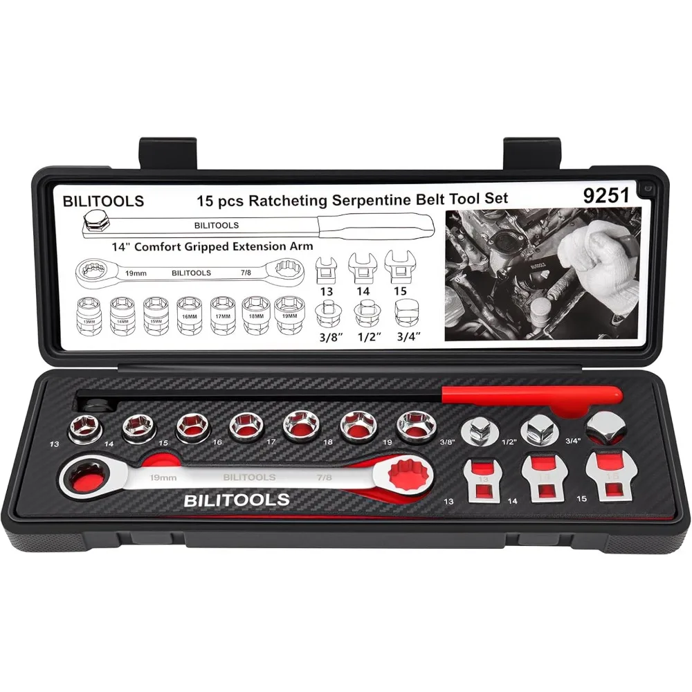 

bilitools 15-piece universal ratcheting serpentine belt tool set