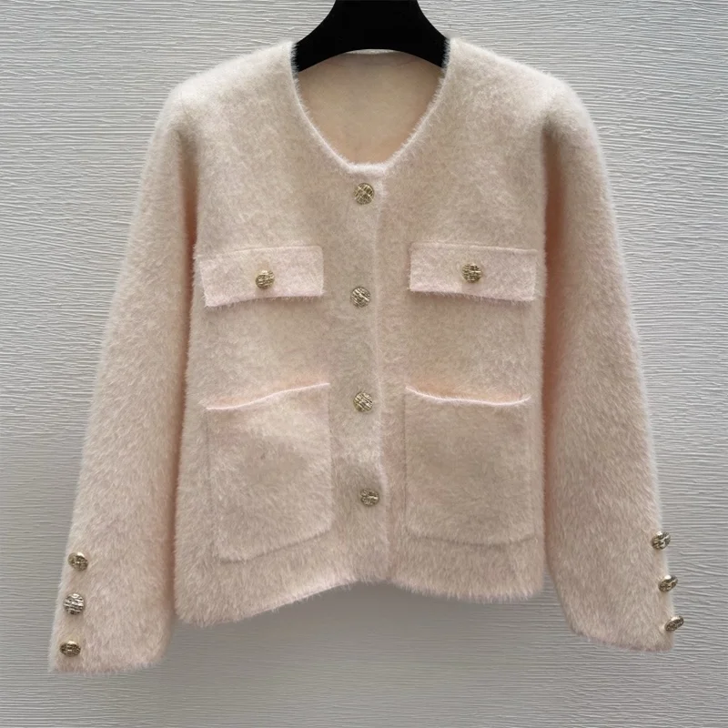 Wysokiej jakości metalowy kardigan damski z pojedynczym guzikiem, okrągłym dekoltem i ozdobnymi dużymi kieszeniami, sweter-płaszcz 251028163