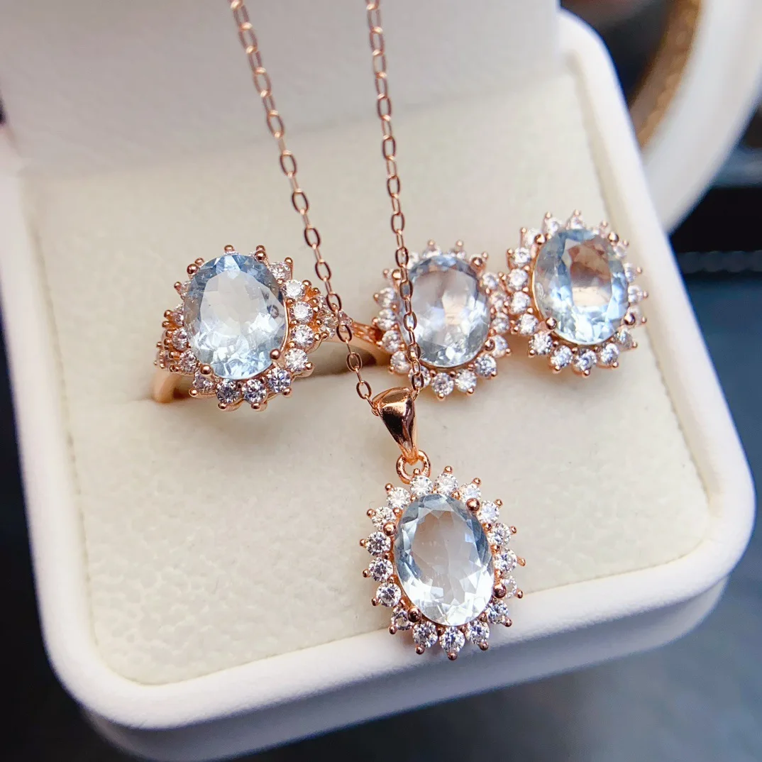 

Natural Aquamarine Necklace Ring Earrings Set, S925 Silver Setting 7x9mm Main Stones Adjustable Ring, Ocean Gemstone Jewelry