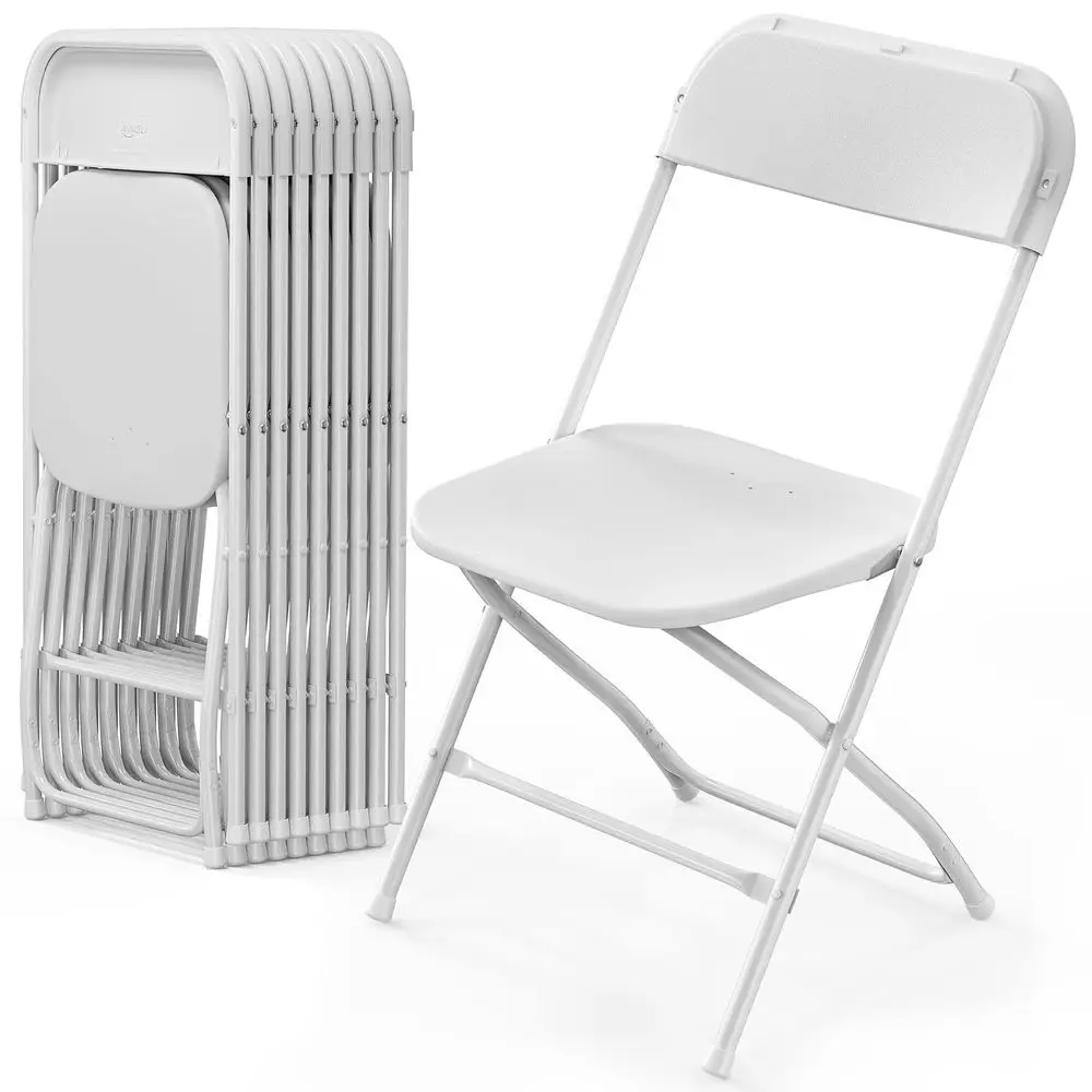 

10 Pack White Plastic Folding Chair, Indoor Outdoor Portable Stackable Commercial Seat with Steel Frame 350lb. Capacity for Eve