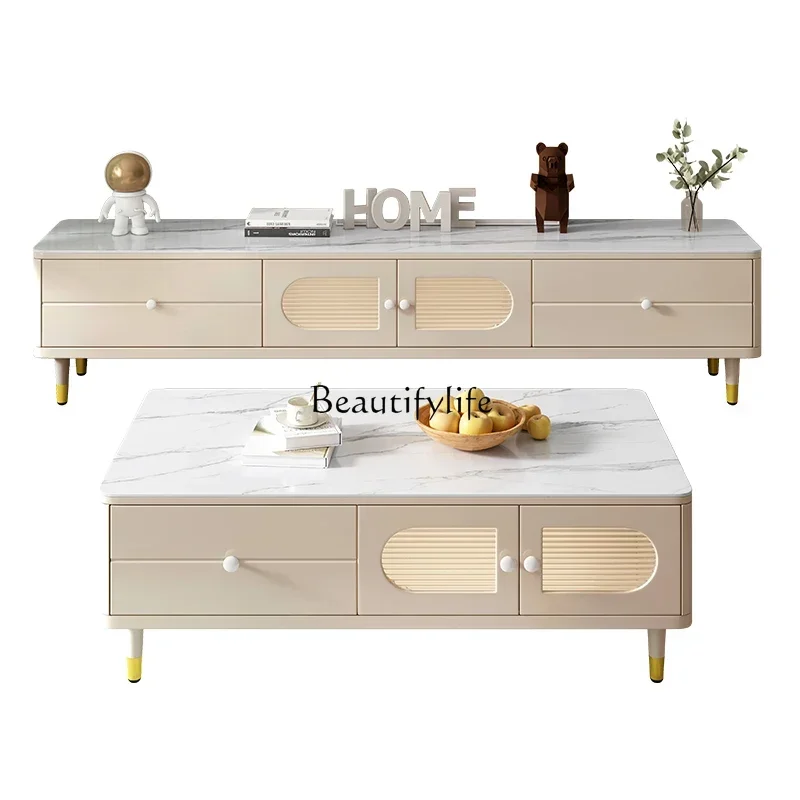 

FG10Cream wind solid wood rock slab coffee table TV cabinet modern simple small apartment floor cabinet